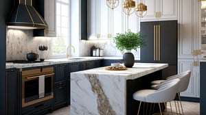 A luxury home kitchen adorned with premium appliances, gold accents, and impeccable marble counter tops, epitomizing opulence and functionality.
